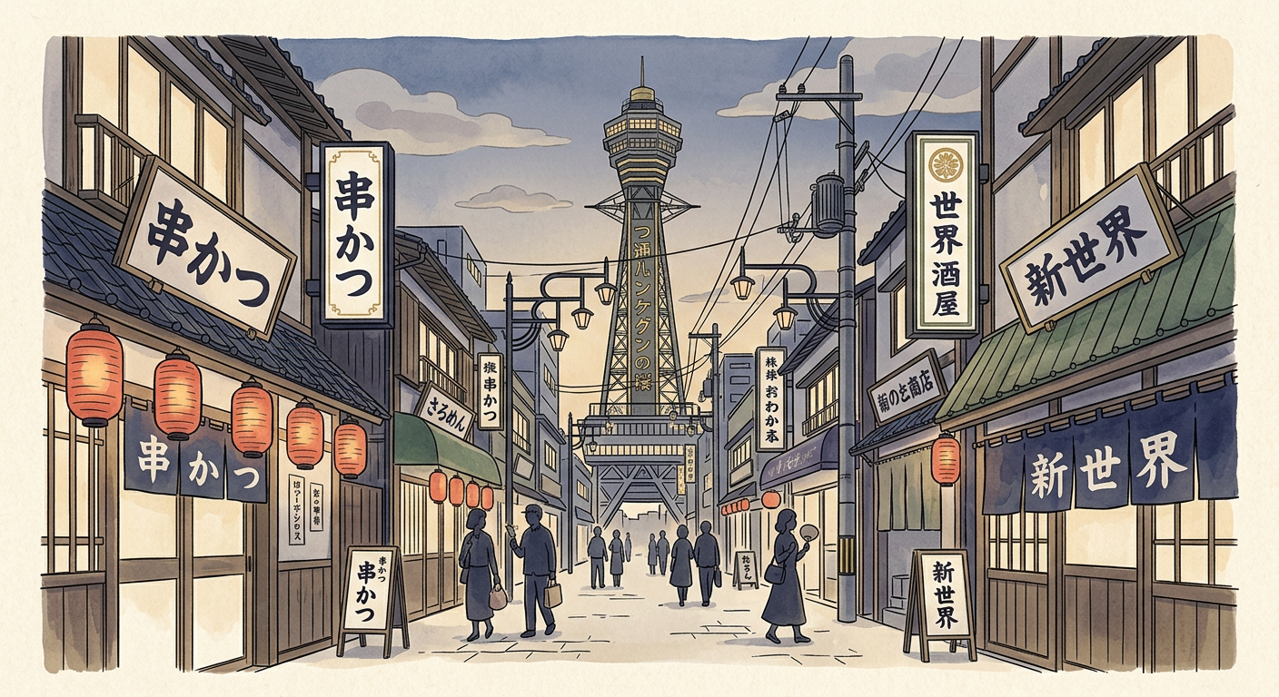 新世界通天閣與串炸店的黃昏街景